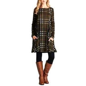 Papillon Long Sleeve Plaid Swing Tunic Sweater Dress Olive Green Multi Womens XS